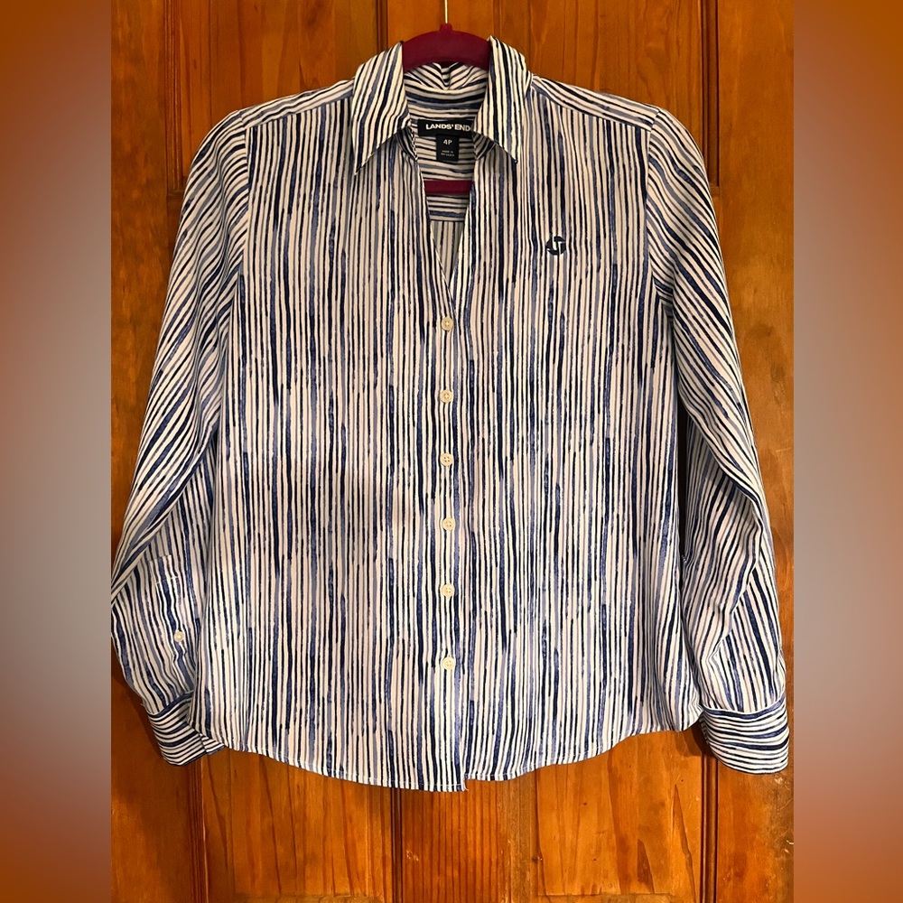 Lands' End Blue and White Casual Button Down Shirt